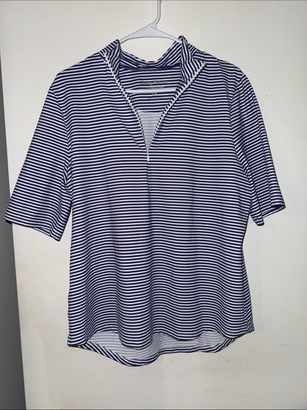 Tommy Bahama Navy and White Striped Short-Sleeve Zip Polo